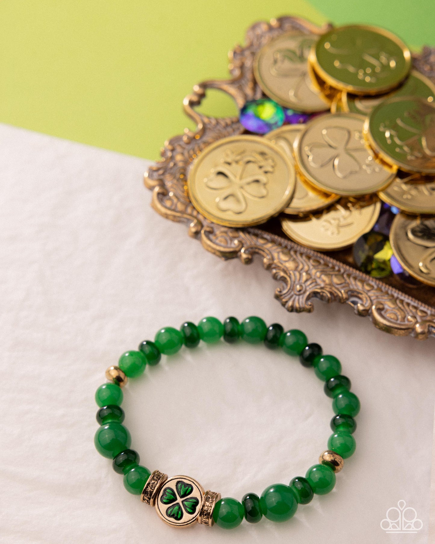 Paparazzi Lucky Lineup - Green Jade Bead Four Leaf Clover Charm Stretch St. Patrick's Day Bracelet B2640