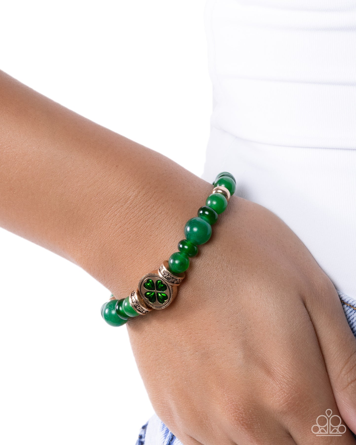 Paparazzi Lucky Lineup - Green Jade Bead Four Leaf Clover Charm Stretch St. Patrick's Day Bracelet B2640