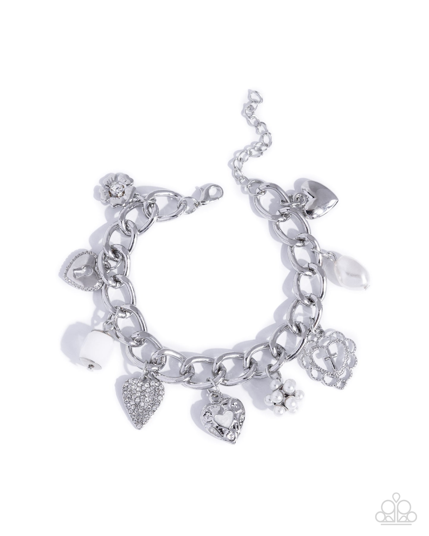 Paparazzi Celestial Court - White Pearl & Rhinestone Flower, Heart, Lock Chunky Curb Chain Bracelet B2567