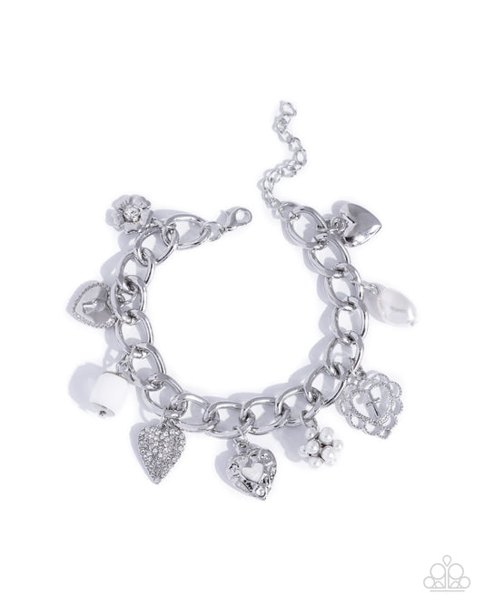 Paparazzi Celestial Court - White Pearl & Rhinestone Flower, Heart, Lock Chunky Curb Chain Bracelet B2567