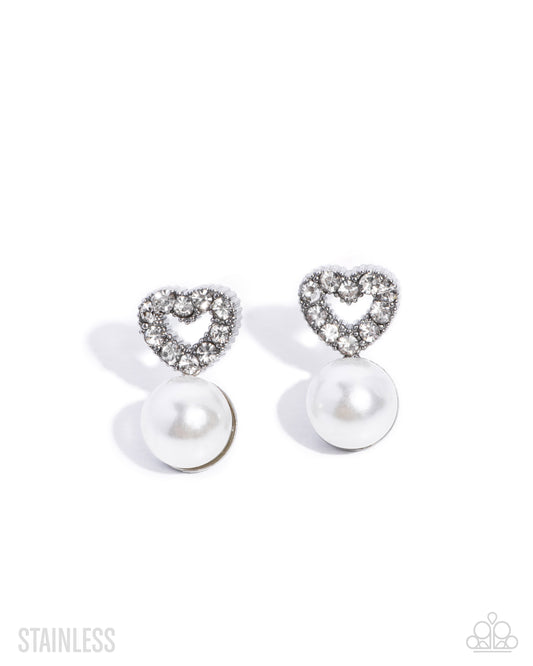 Paparazzi Romantic Interlude - White Rhinestone & Pearl Stainless Steel Post Earring