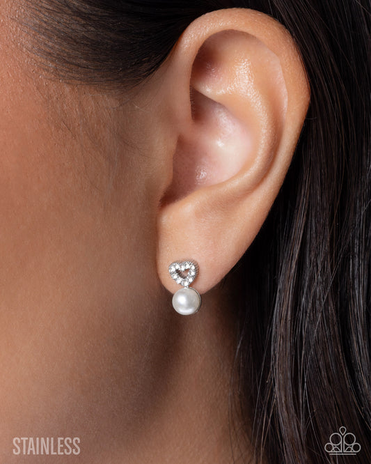 Paparazzi Romantic Interlude - White Rhinestone & Pearl Stainless Steel Post Earring