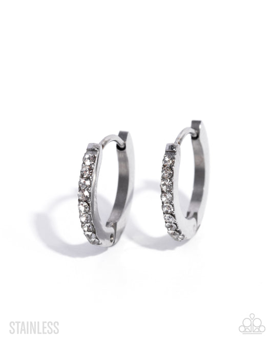 Paparazzi Fixed Flair - White Rhinestone Stainless Steel 1/2 Inch Hinge Hoop Earring E0487