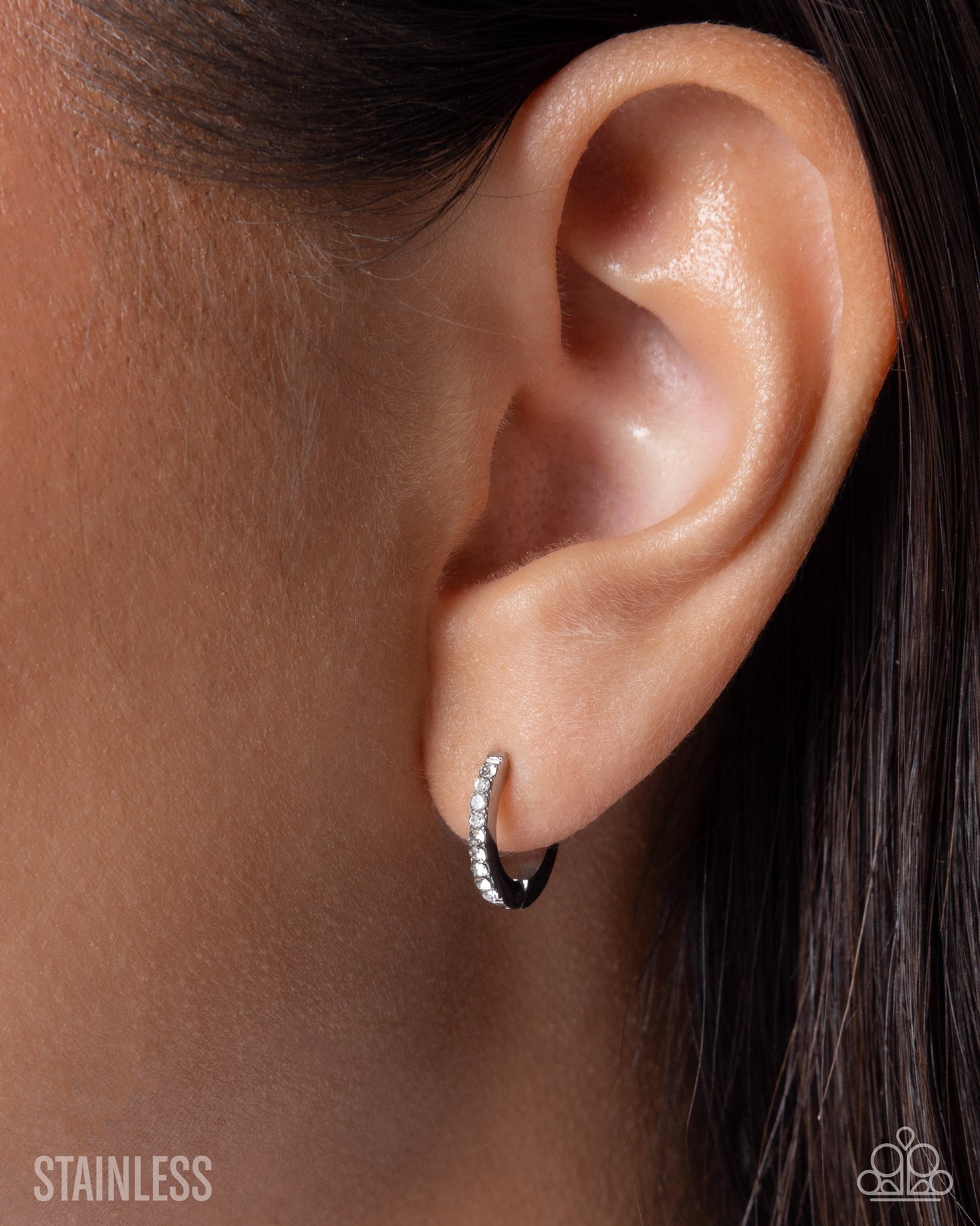 Paparazzi Fixed Flair - White Rhinestone Stainless Steel 1/2 Inch Hinge Hoop Earring E0487