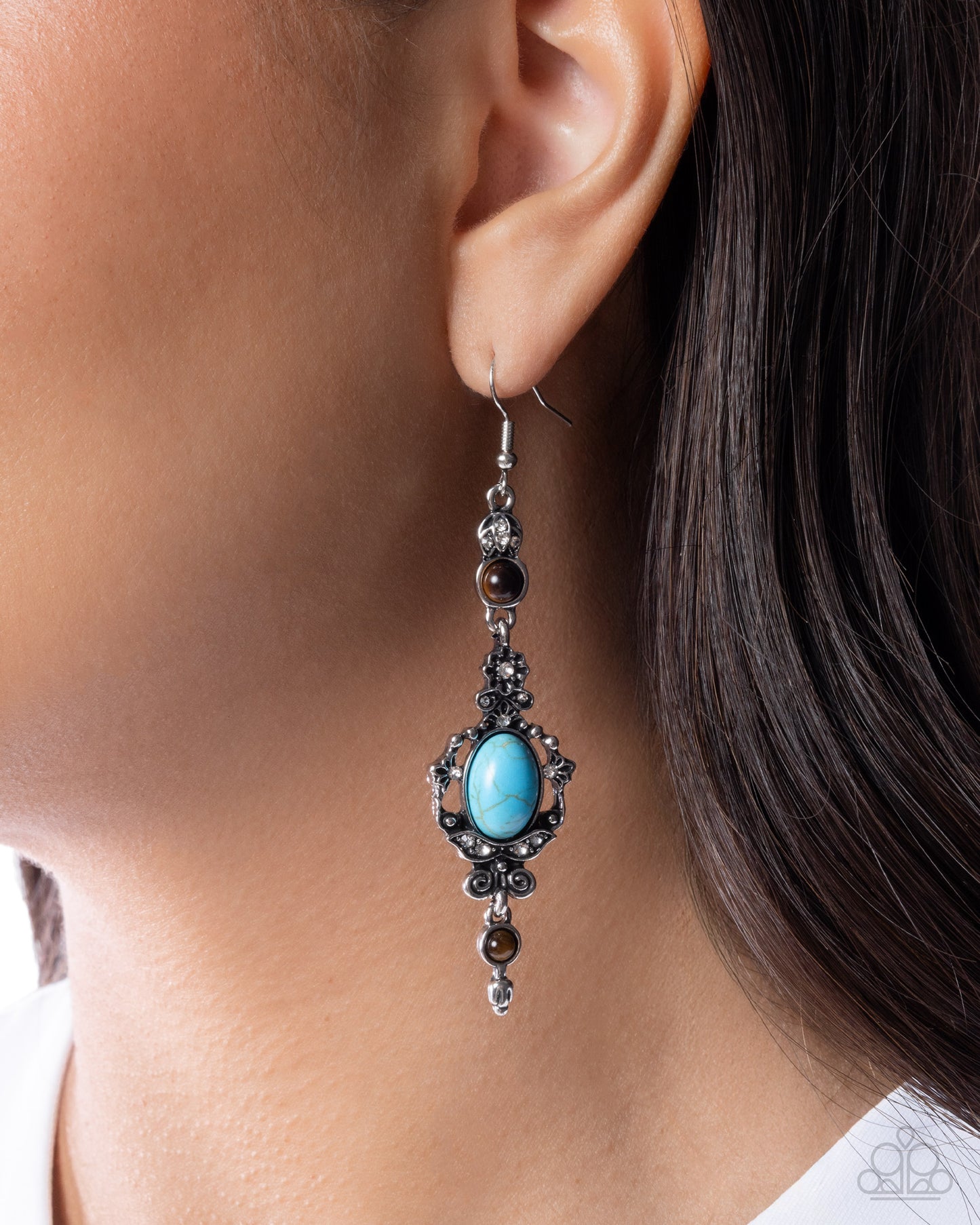Paparazzi Savvy Sway - Blue Marbled Turquoise & Tiger's Eye Stone Silver Earring