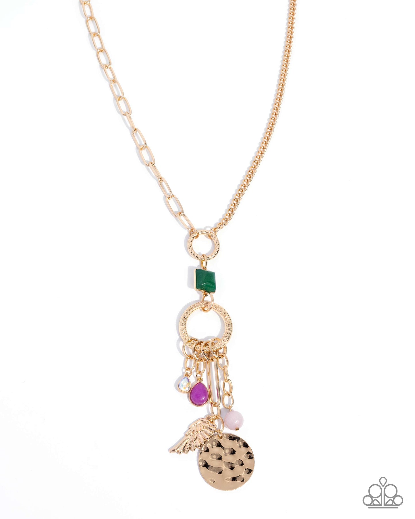 Paparazzi Angelic Anchor - Multicolored Jade, Amethyst Stone, UV Shimmery Gem & Gold Half Angel Wing Necklace N3968