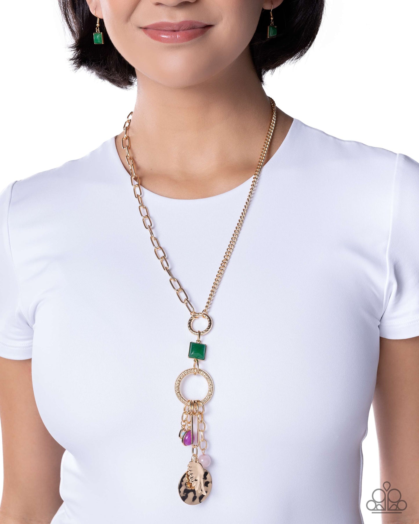 Paparazzi Angelic Anchor - Multicolored Jade, Amethyst Stone, UV Shimmery Gem & Gold Half Angel Wing Necklace N3968