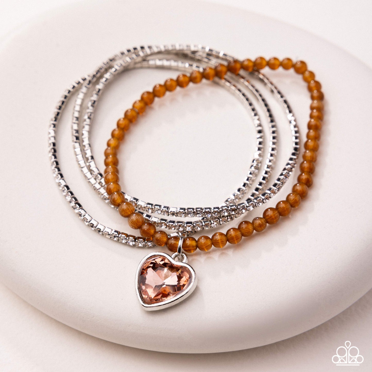 Paparazzi Mass Matchmaking - Brown Cat's Eye Stone Bead, Peach Heart Gem Stretch Set Of 4 Bracelets
