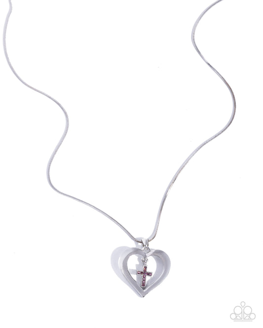 Paparazzi Heavenly Honor - Purple - Light Amethyst Rhinestone Cross & Silver Heart Necklace N2993