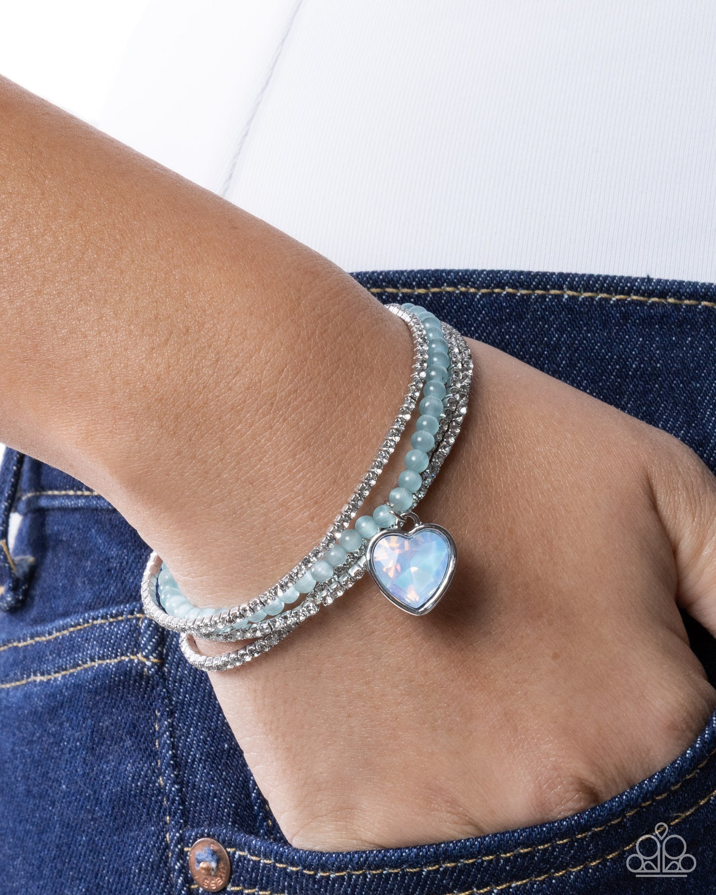 Paparazzi Mass Matchmaking - Blue Cat's Eye Stone, Opalescent Heart Gem & White Rhinestone Stretch Set Of 4 Bracelets B2651