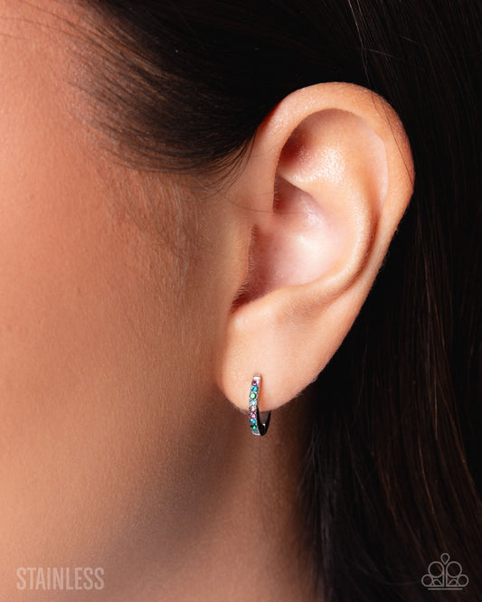Paparazzi Fixed Flair - Multicolored Purple, Blue, Green Rhinestone Silver Stainless Steel 1/2 Inch Hinged Hoop Earring
