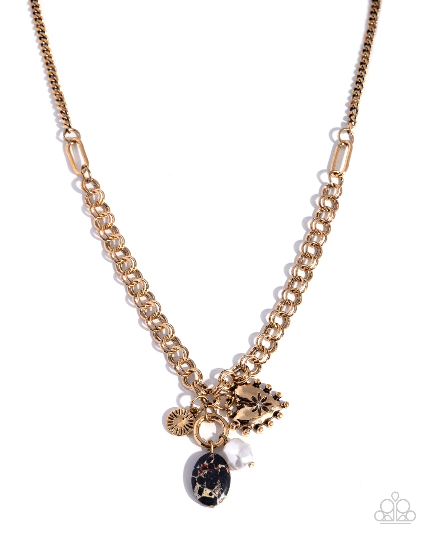 Paparazzi Fabulous Fan - Black & Brown Marbled Stone, Gold Padlock Heart charm Style Necklace N3933