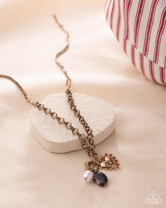 Paparazzi Fabulous Fan - Black & Brown Marbled Stone, Gold Padlock Heart charm Style Necklace N3933