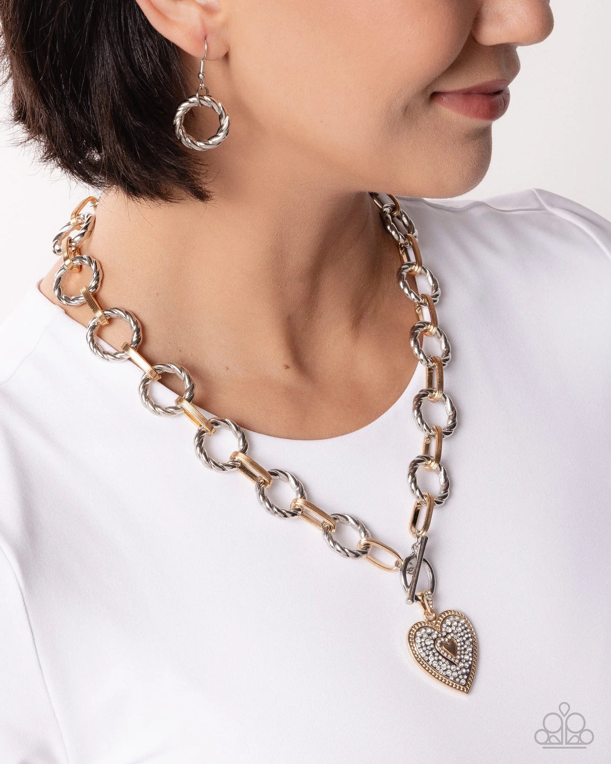 Paparazzi MVP Matchmaker - White Rhinestone Silver Gold Heart Toggle Necklace - EMP 2026