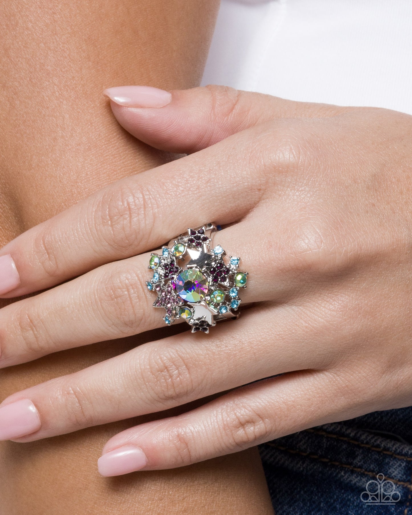 Paparazzi Seize the Galaxy - Purple, Light Amethyst, Aquamarine, Iridescent Rhinestone & Silver Stars Ring R1365