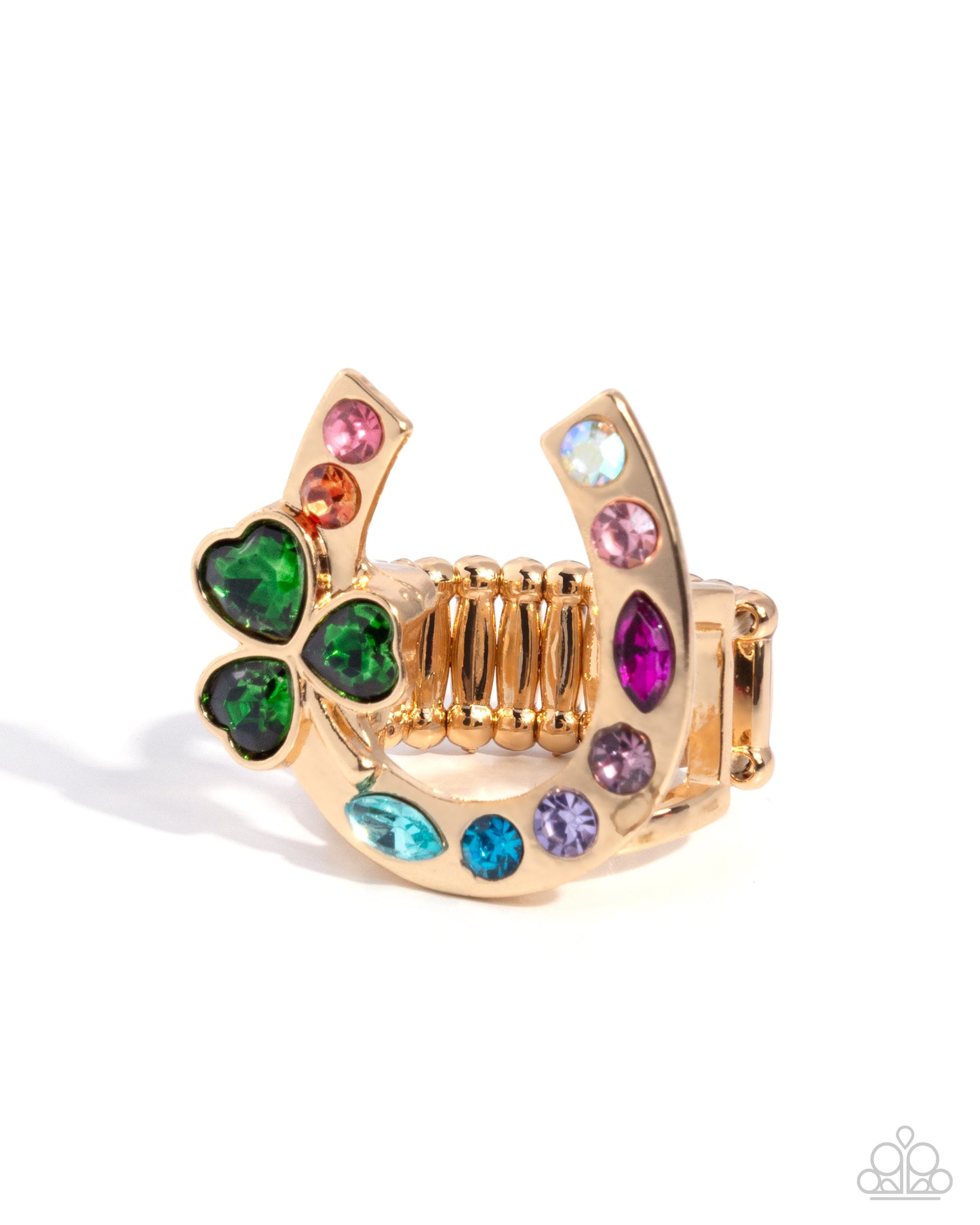 Paparazzi Lucid Luck - Multicolored & Iridescent Rhinestone Gold Horseshoe St Patrick's Ring R1339