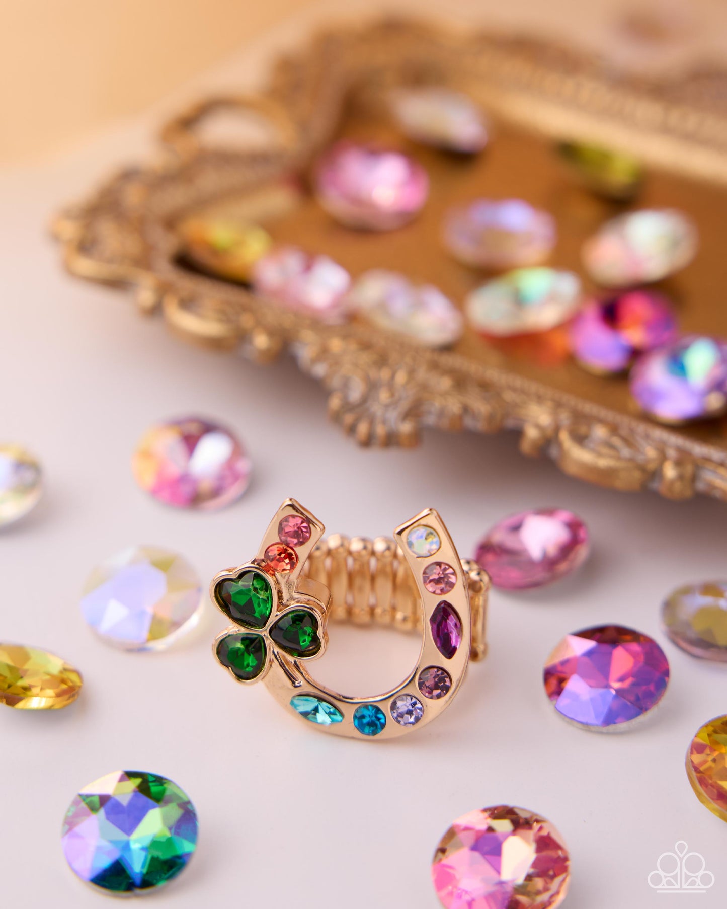 Paparazzi Lucid Luck - Multicolored & Iridescent Rhinestone Gold Horseshoe St Patrick's Ring R1339