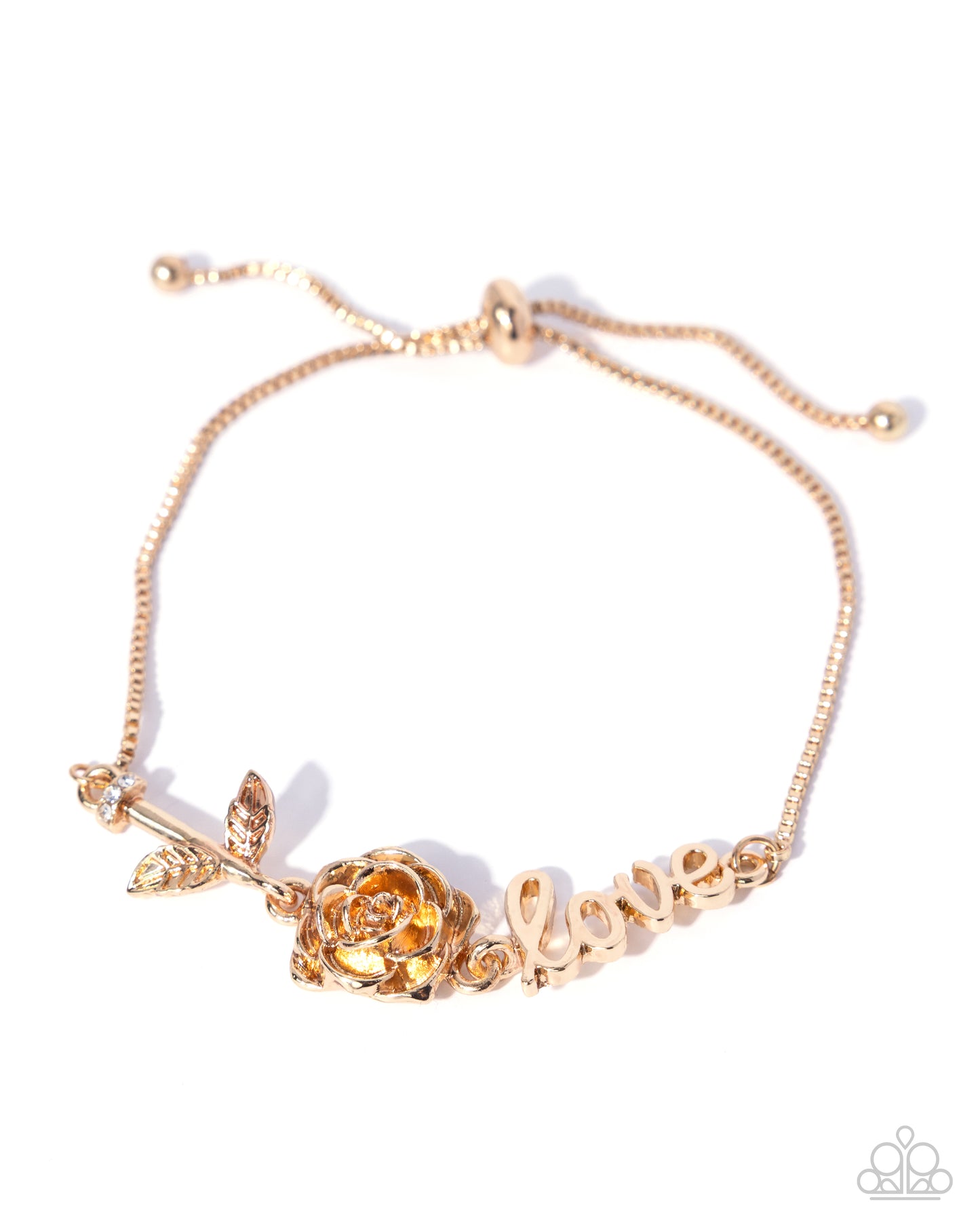 Paparazzi Romantic Runway - Gold Box Chain, Rose & "Love" Sliding Bead Closure Bracelet B2673