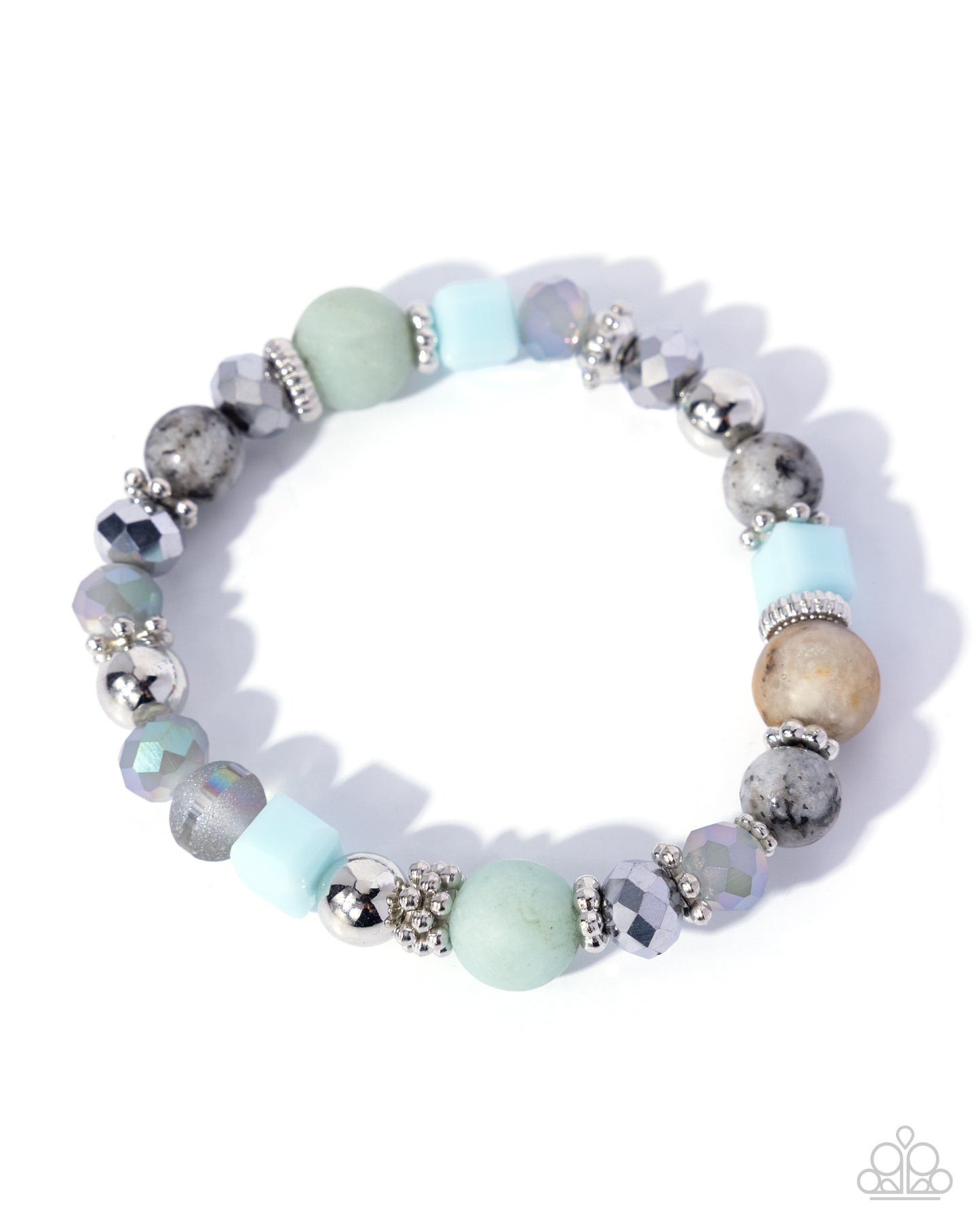 Paparazzi What a View! - Blue Stone, UV Shimmery, Silver Floral Bead Stretch Bracelet B2735