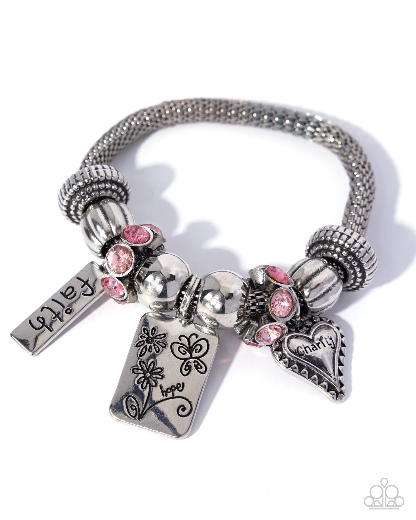 Paparazzi Hopeful Hangout - Pink Multicolored Gem Stretch Silver Mesh Chain "charity, faith, hope" Bracelet B2621
