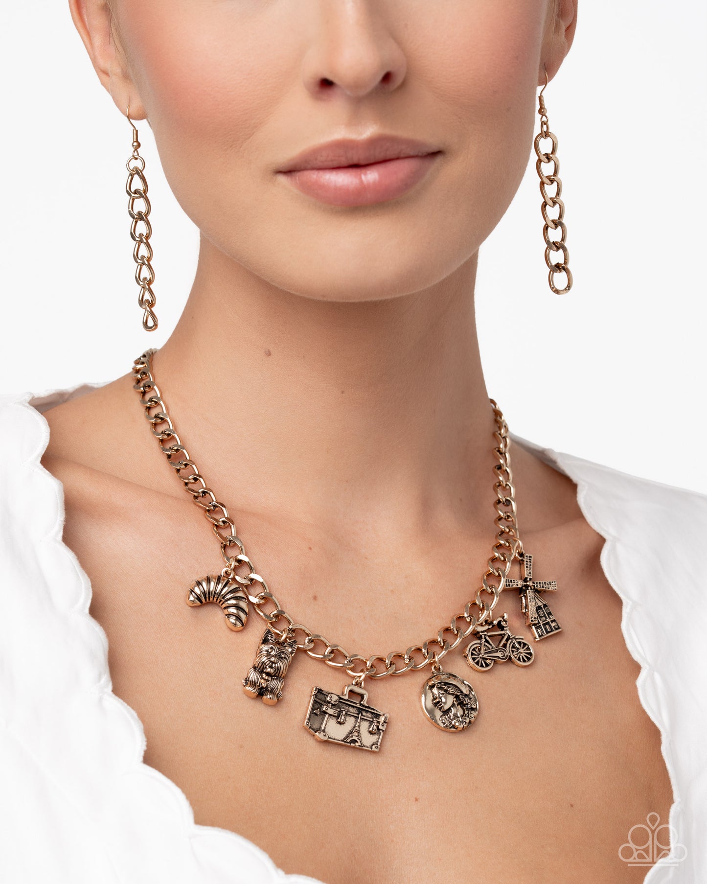 Paparazzi French Fashion - Gold Antiqued Charmed French Style Necklace & Bracelet Set