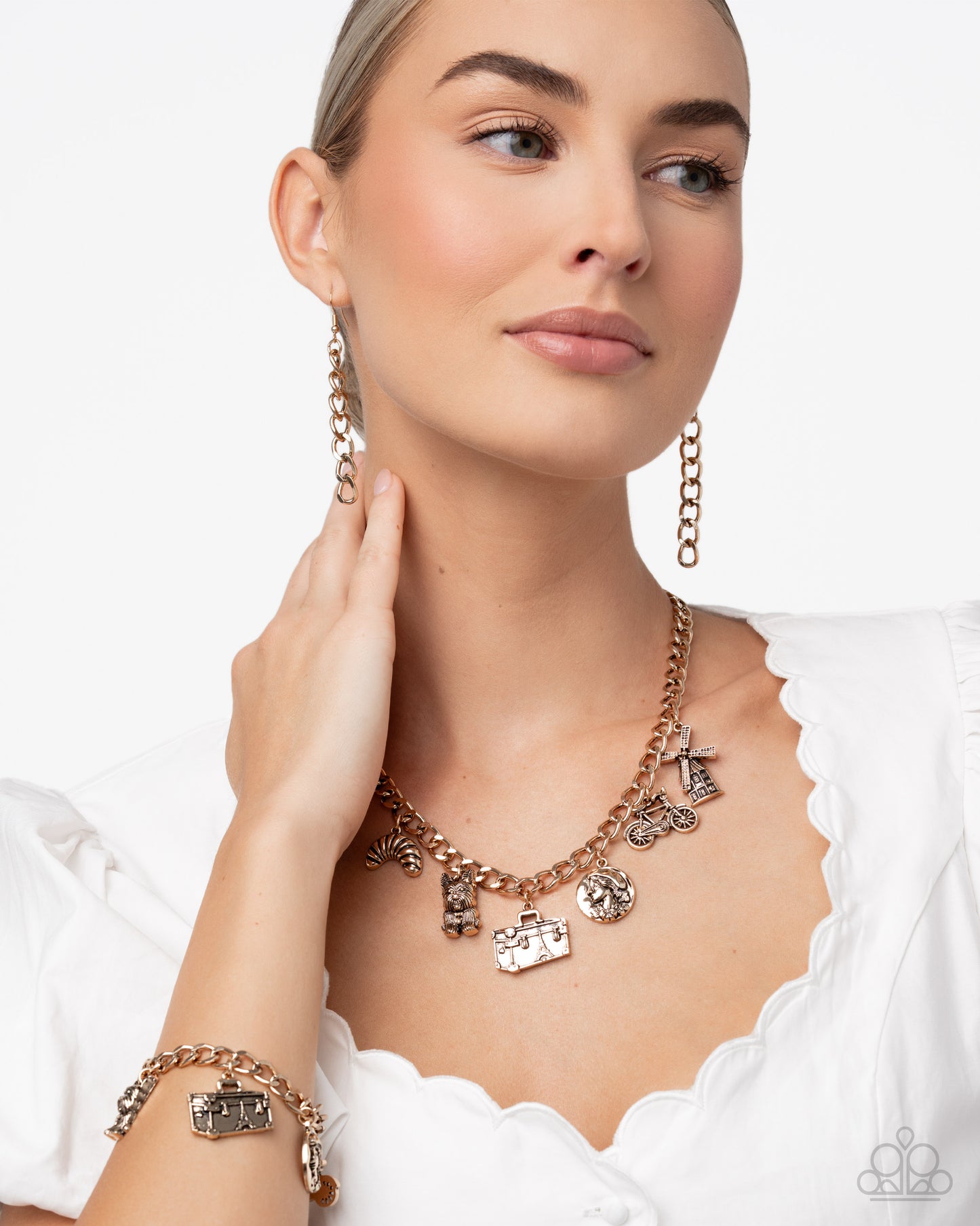 Paparazzi French Fashion - Gold Antiqued Charmed French Style Necklace & Bracelet Set