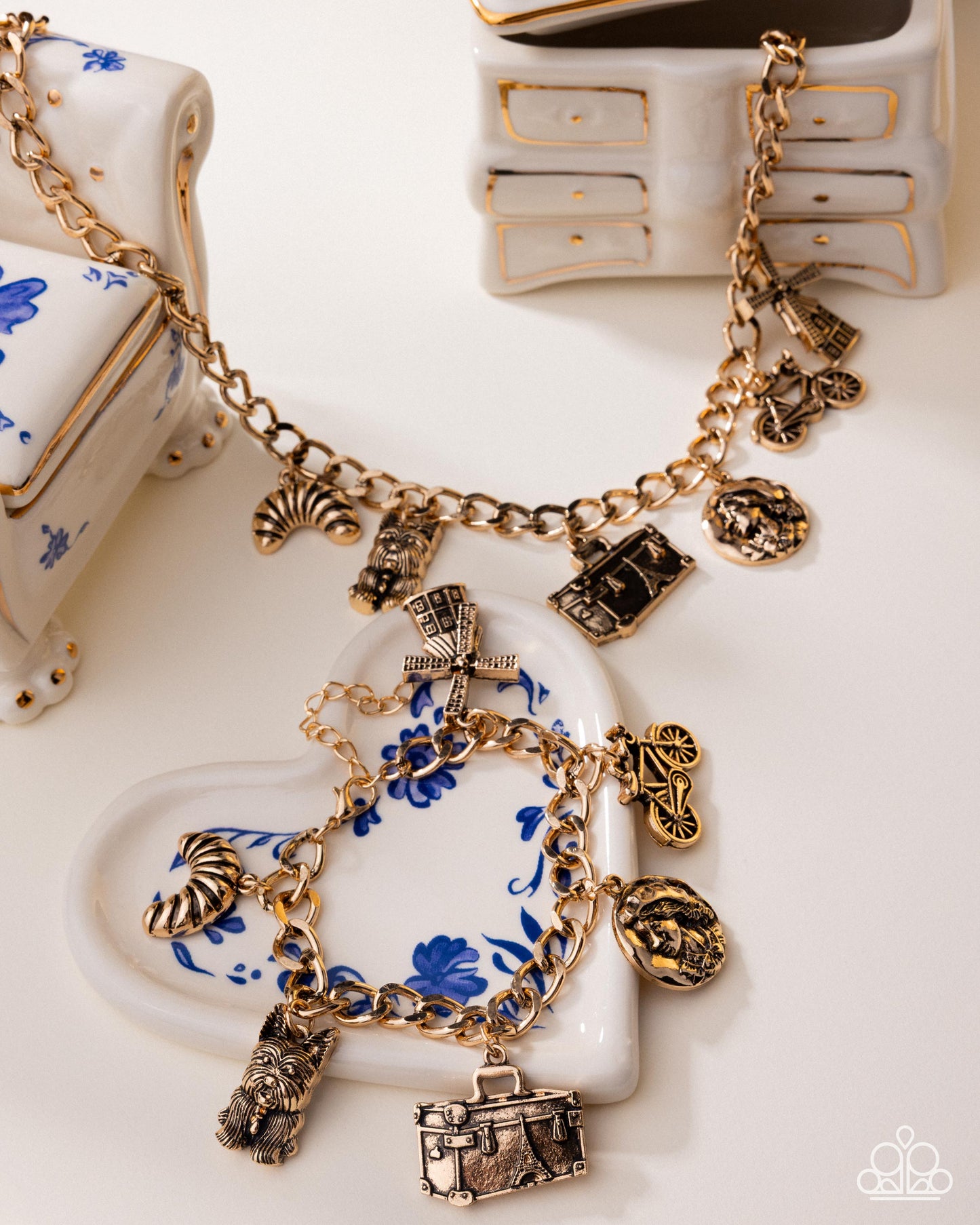 Paparazzi French Fashion - Gold Antiqued Charmed French Style Necklace & Bracelet Set