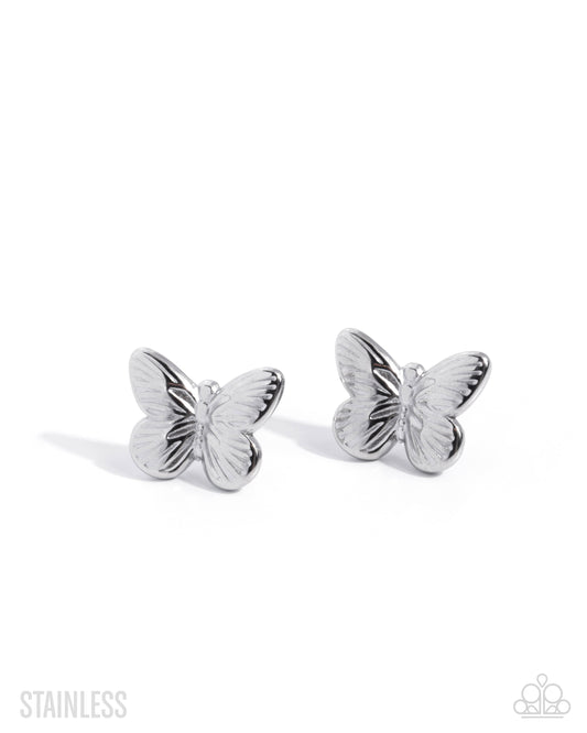 Paparazzi Monarch Moment - Silver Stainless Steel Butterfly Post Earring E3023