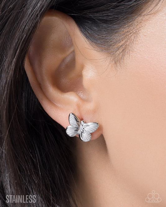 Paparazzi Monarch Moment - Silver Stainless Steel Butterfly Post Earring E3023
