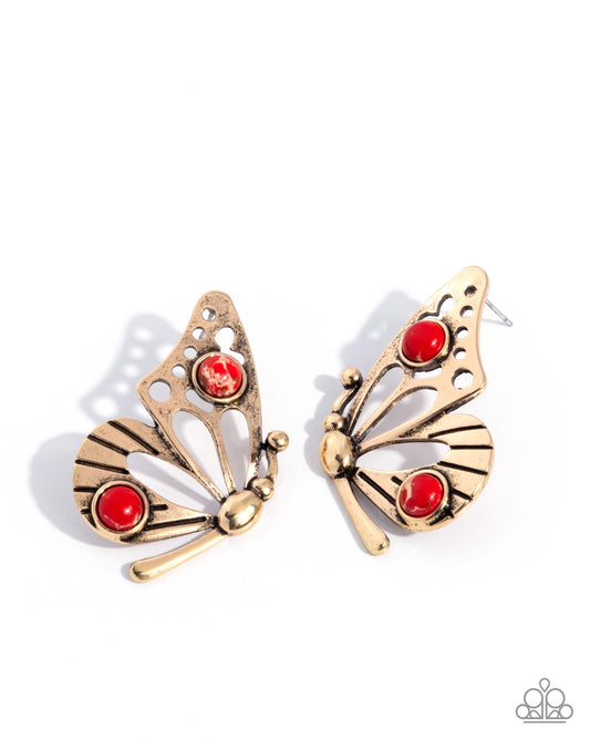 Paparazzi Aerial Angle - Red Marbled Stone Gold Butterfly Post Santa Fe Style Earring E3433