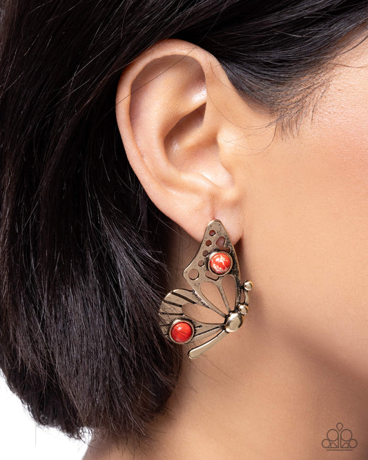 Paparazzi Aerial Angle - Red Marbled Stone Gold Butterfly Post Santa Fe Style Earring E3433