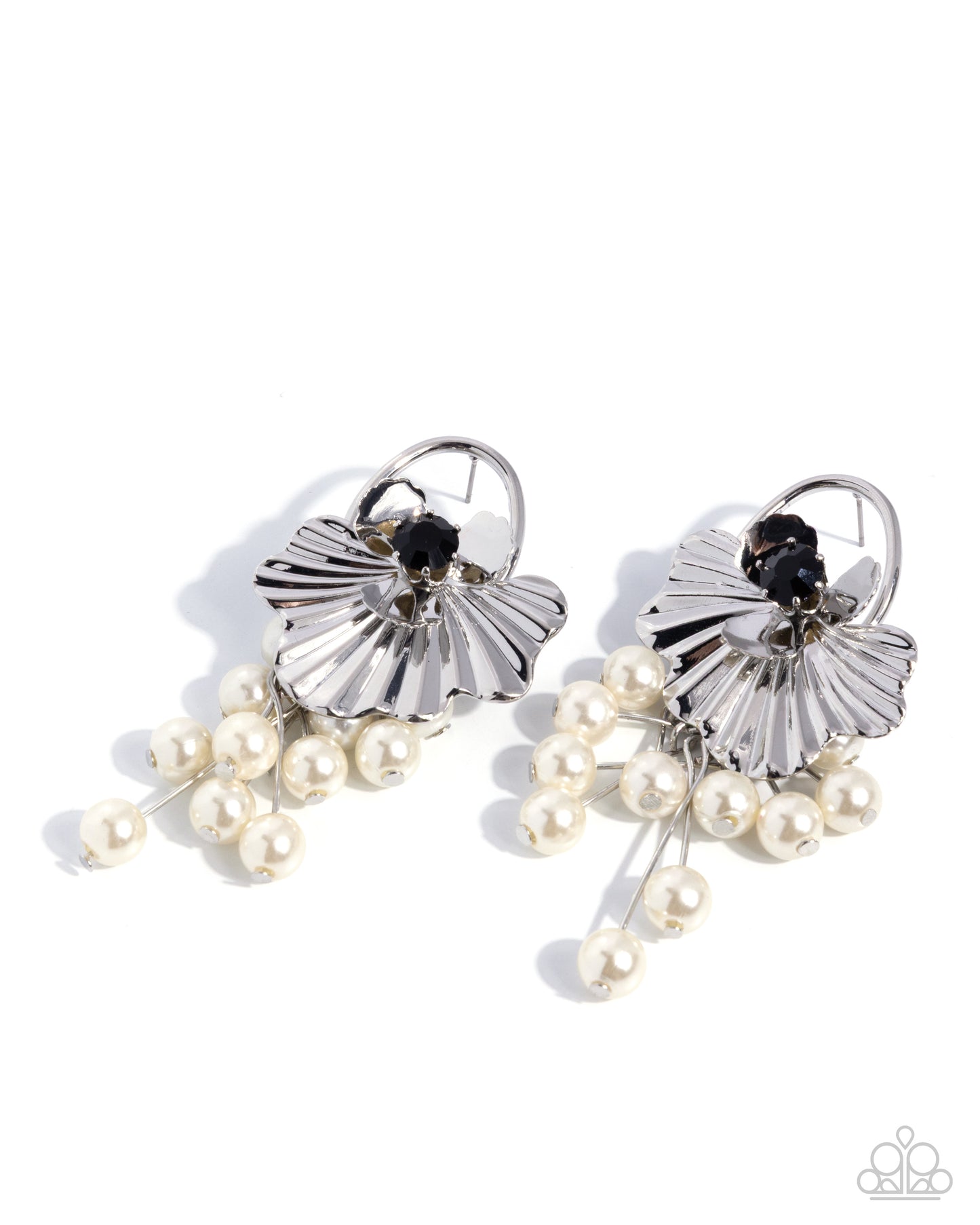 Paparazzi Flared Fringe - Black Rhinestone Silver Flower & White Pearl Earring Empower Me Pink 2026 Exclusive E3375