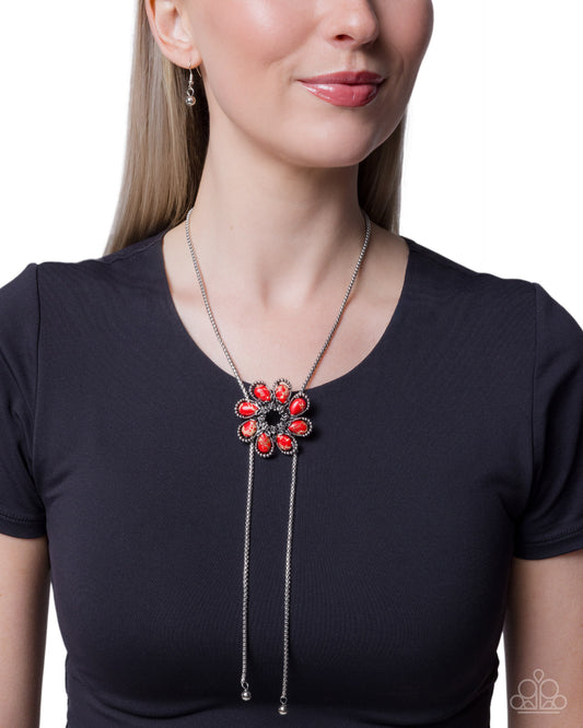 Paparazzi Stony Sashay - Red Marbled Stone Flower Silver Bolo Santa Fe Style Necklace N4045