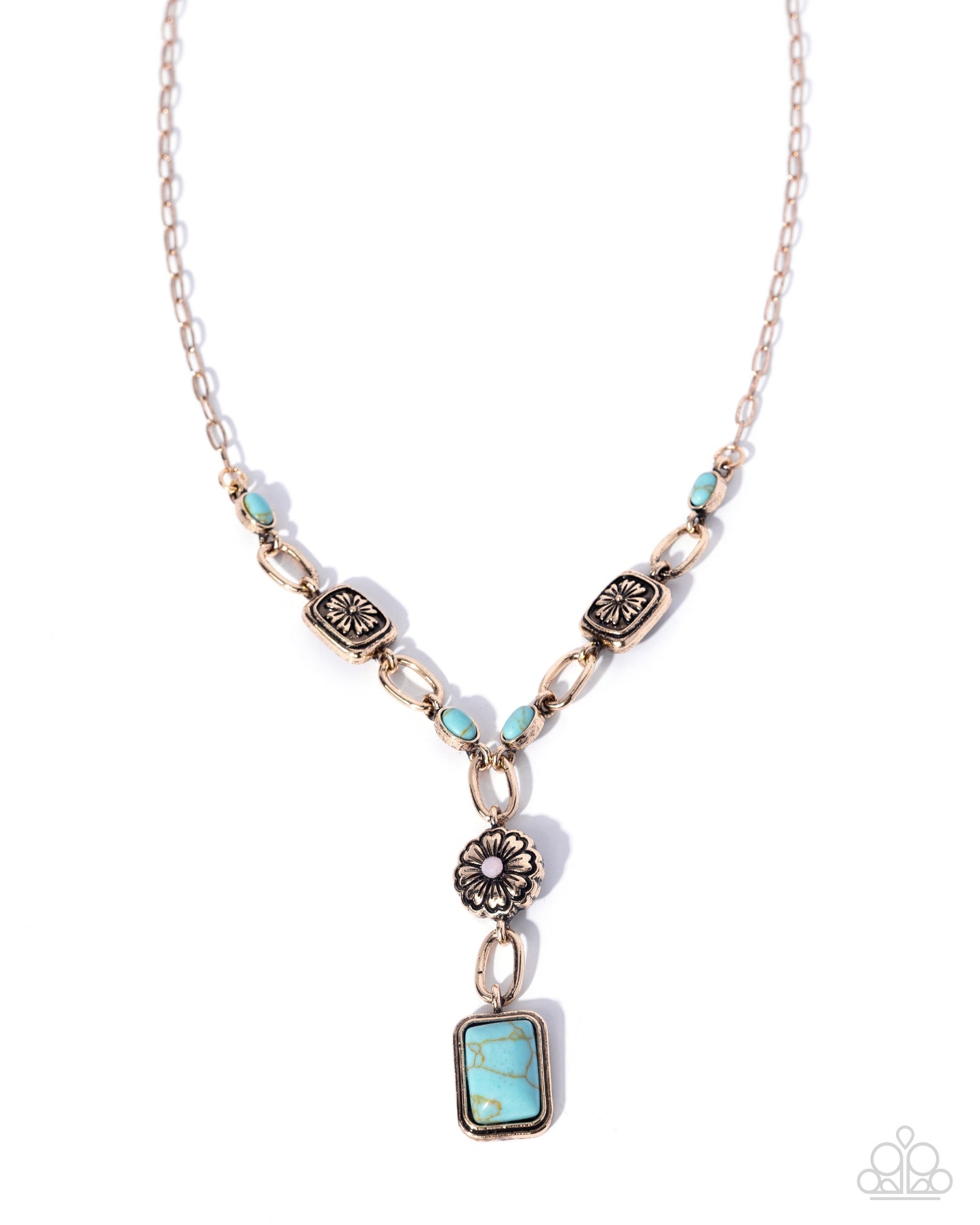 Paparazzi Rustic Relaxation - Gold - Antiqued Gold & Turquoise Stone Santa Fe Necklace N0559