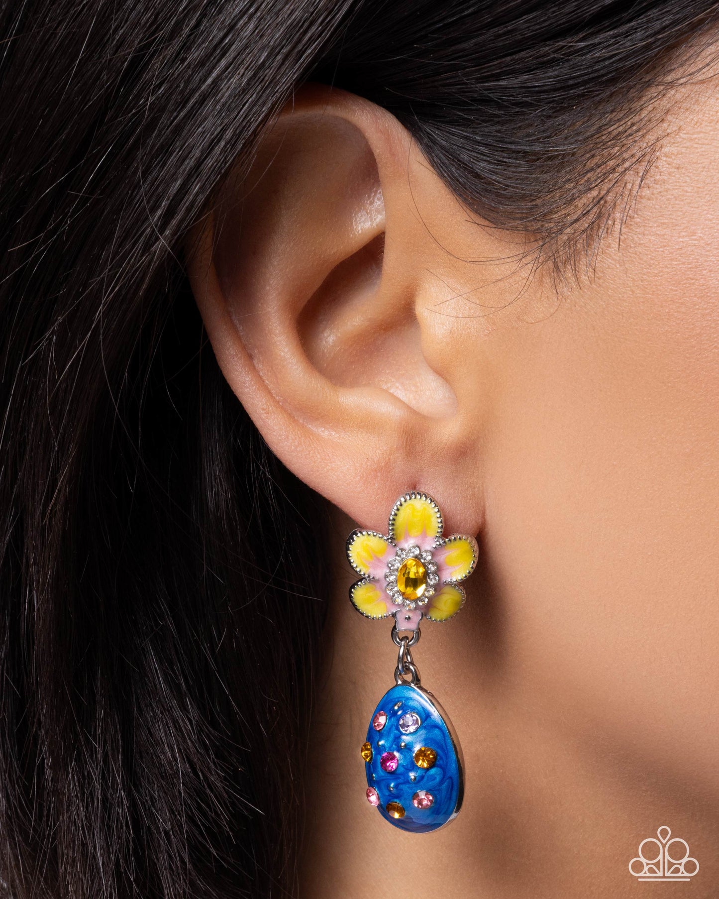 Paparazzi Painting Eggs - Multicolored Rhinestone Gems, Yellow Pearl Painted Flower & Blue Easter Egg Earring E3371