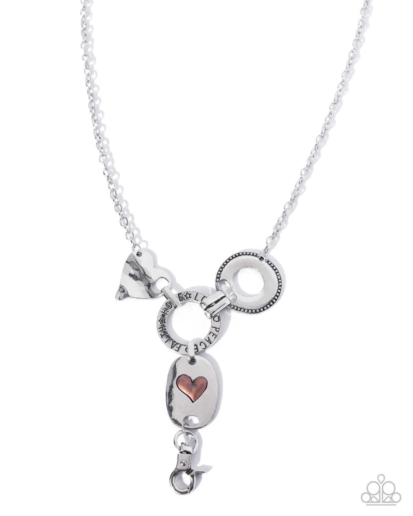 Paparazzi Inspirational Ideal - Silver Hammered Heart Inspirational "peace, faith, hope and love" Stamped Lanyard Necklace