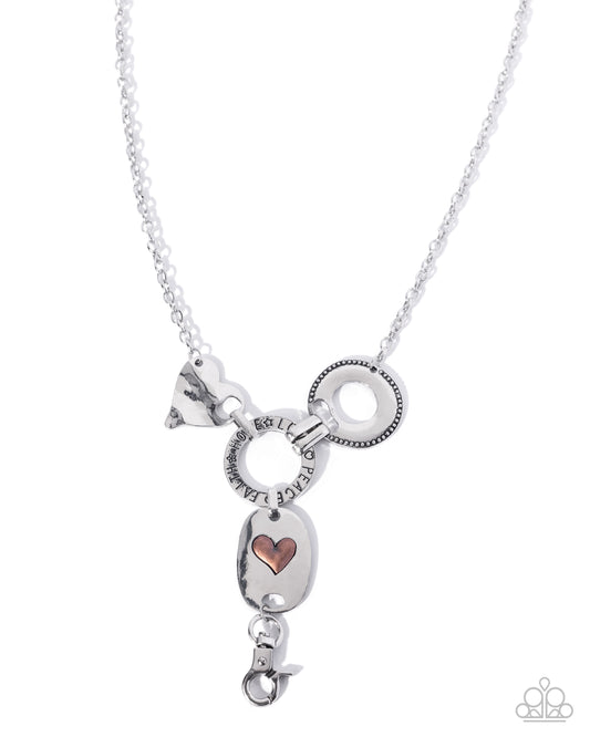 Paparazzi Inspirational Ideal - Silver Hammered Heart Inspirational "peace, faith, hope and love" Stamped Lanyard Necklace N3875