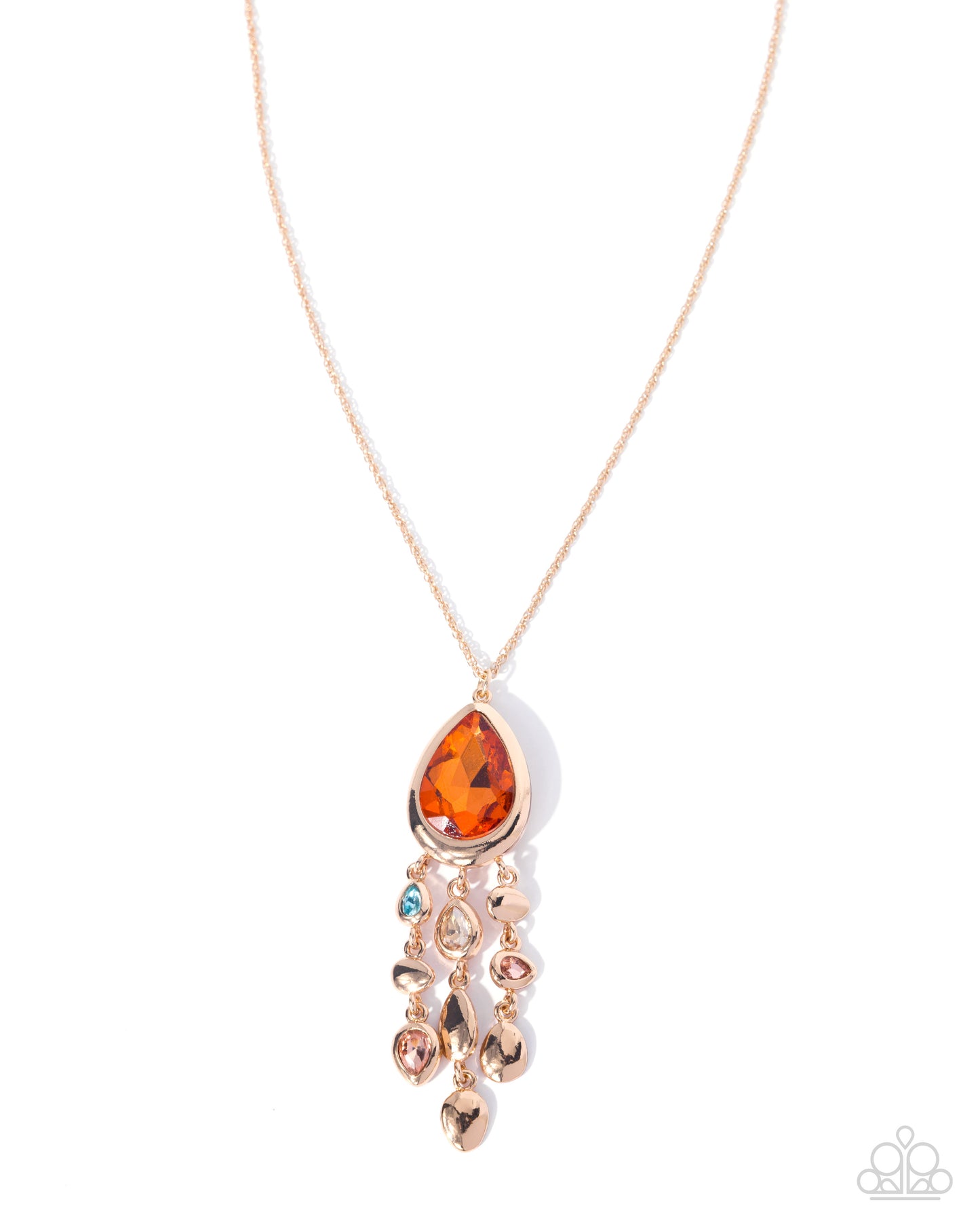 Paparazzi Oval Observation - Multicolored Gem & Orange Teardrop Gem Gold Necklace N2654
