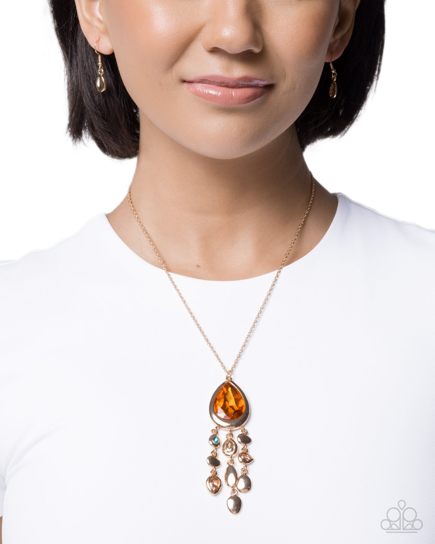Paparazzi Oval Observation - Multicolored Gem & Orange Teardrop Gem Gold Necklace N2654