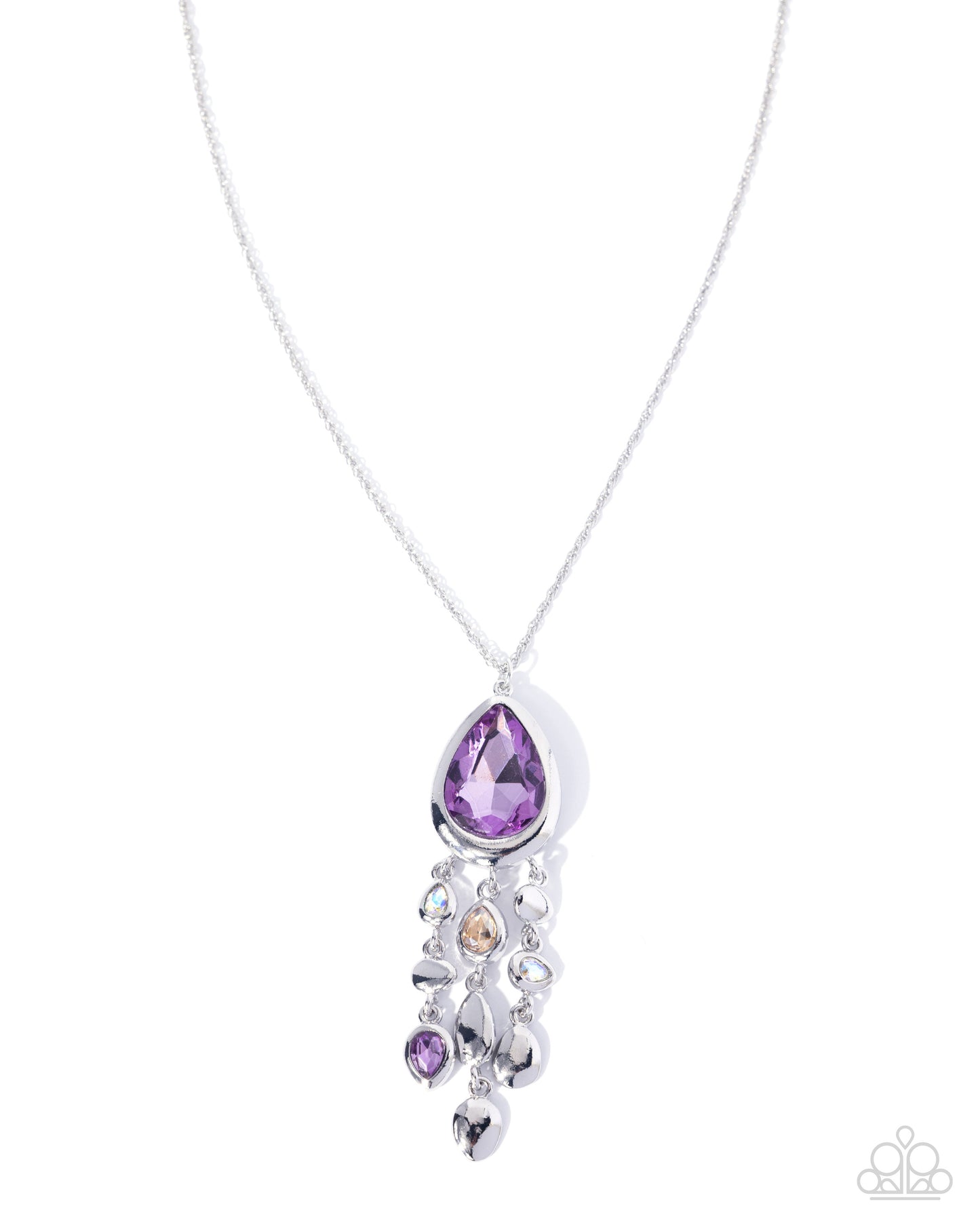 Paparazzi Oval Observation - Purple Teardrop & UV Shimmery Gems Silver Fringe Necklace N3929