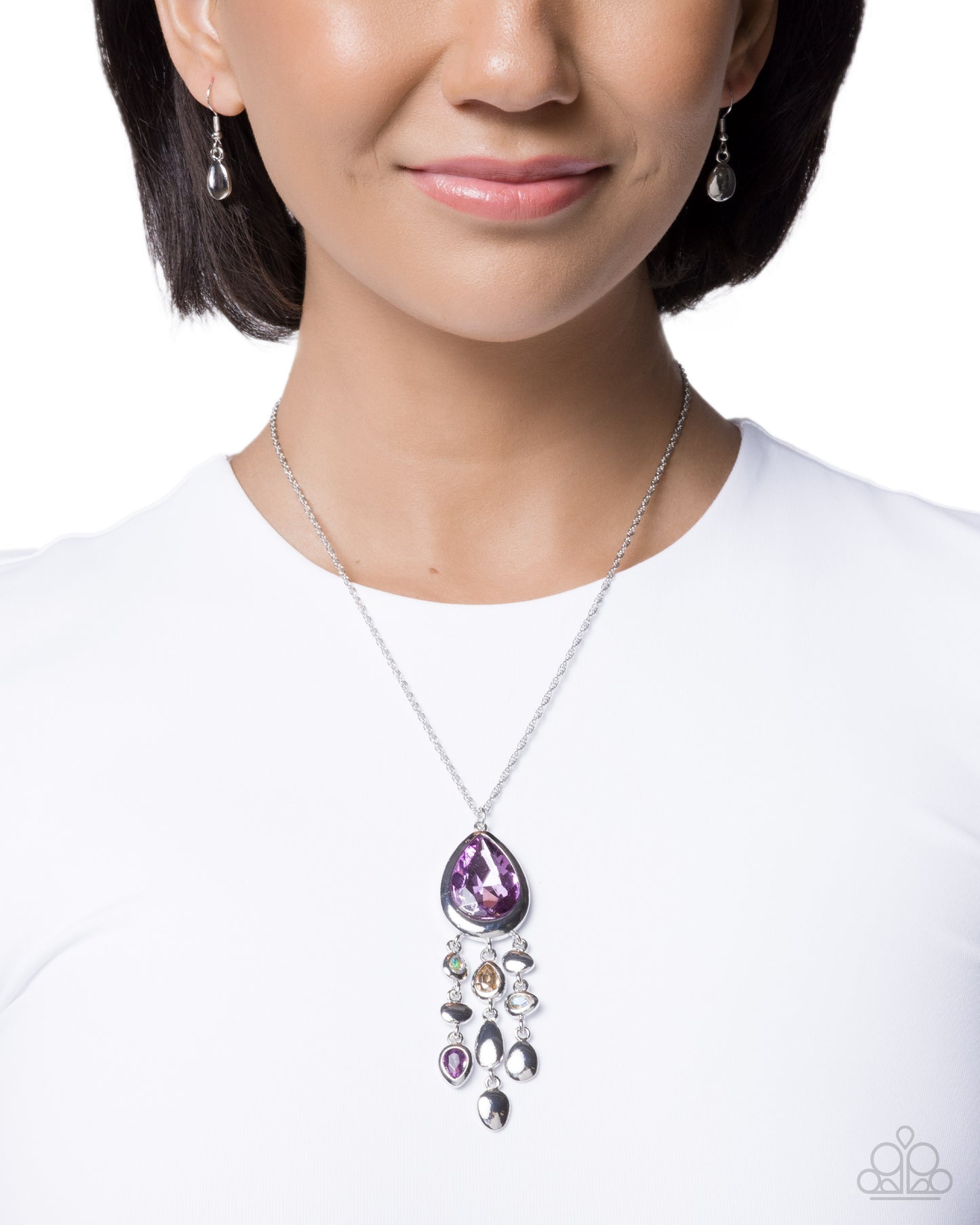 Paparazzi Oval Observation - Purple Teardrop & UV Shimmery Gems Silver Fringe Necklace N3929