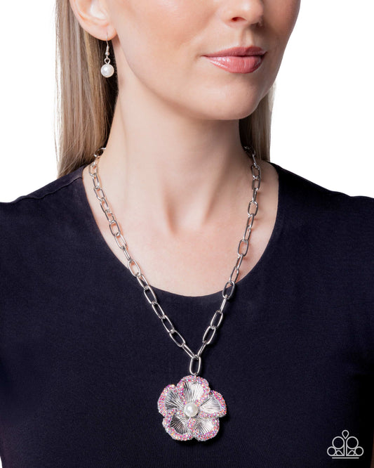 Paparazzi Wallflower Waltz - Pink Rose Iridescent Rhinestone Silver Flower Necklace