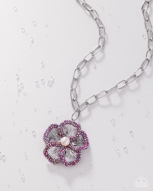 Paparazzi Wallflower Waltz - Pink Rose Iridescent Rhinestone Silver Flower Necklace