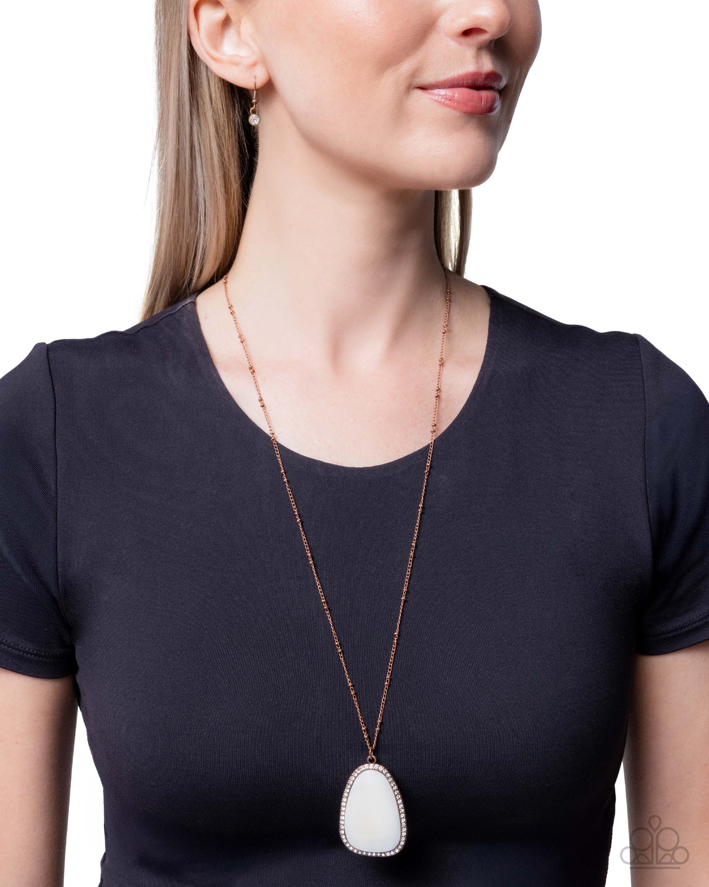 Paparazzi Fair Fringe - Copper Satellite Chain, White Shell & Rhinestone Pendant Necklace N3925