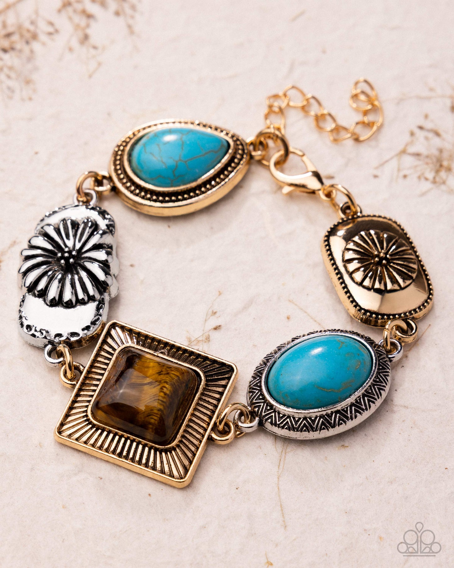 Paparazzi Chic Coordination - Multi Turquoise, Tiger's Eye Stone Gold Bracelet B2692