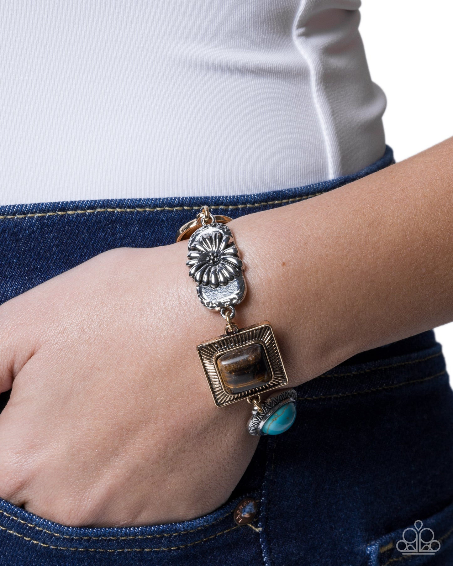 Paparazzi Chic Coordination - Multi Turquoise, Tiger's Eye Stone Gold Bracelet B2692