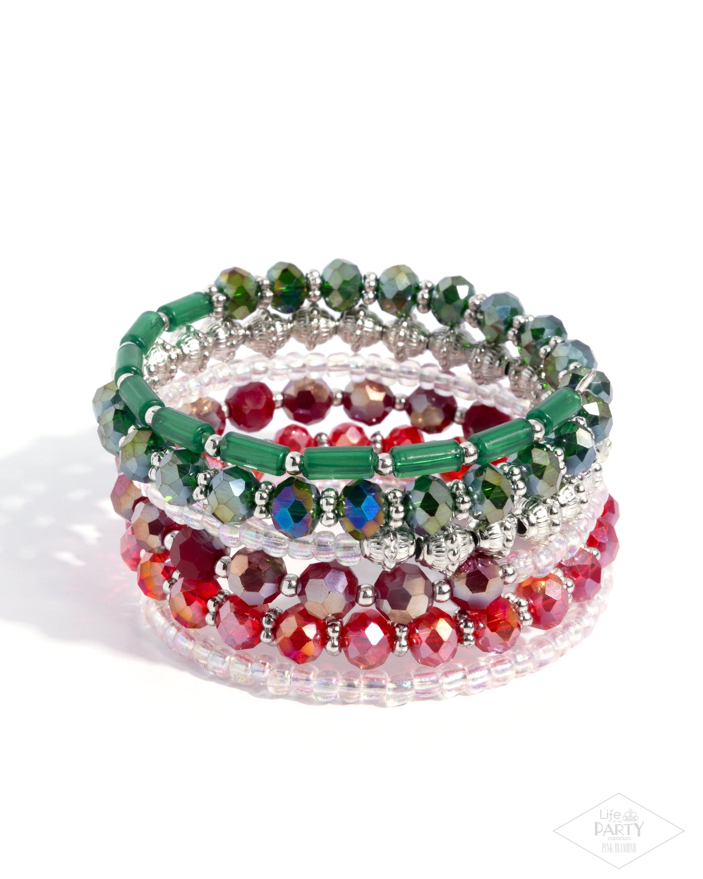Paparazzi Stacked Surprise - Multi Green UV, White Iridescent, Red UV & Milky Green Beaded Coil Infinity Wrap Bracelet Life Of The Party Pink Diamond B2648