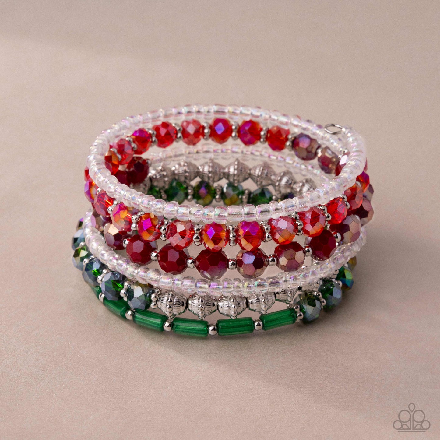 Paparazzi Stacked Surprise - Multi Green UV, White Iridescent, Red UV & Milky Green Beaded Coil Infinity Wrap Bracelet Life Of The Party Pink Diamond B2648