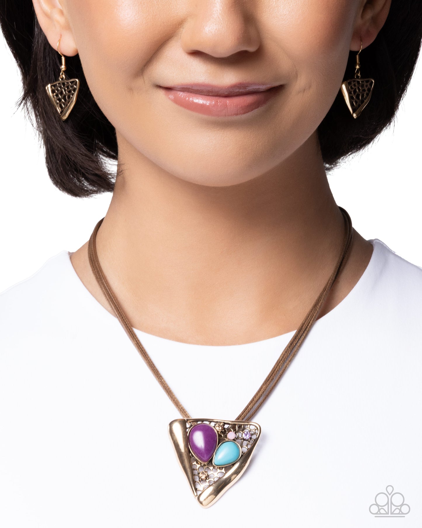 Paparazzi Runaway Rusticity - Purple, Blue Turquoise, Mixed Rhinestone & Stone Antiqued Gold Brown Corded Santa Fe Style Necklace N3966