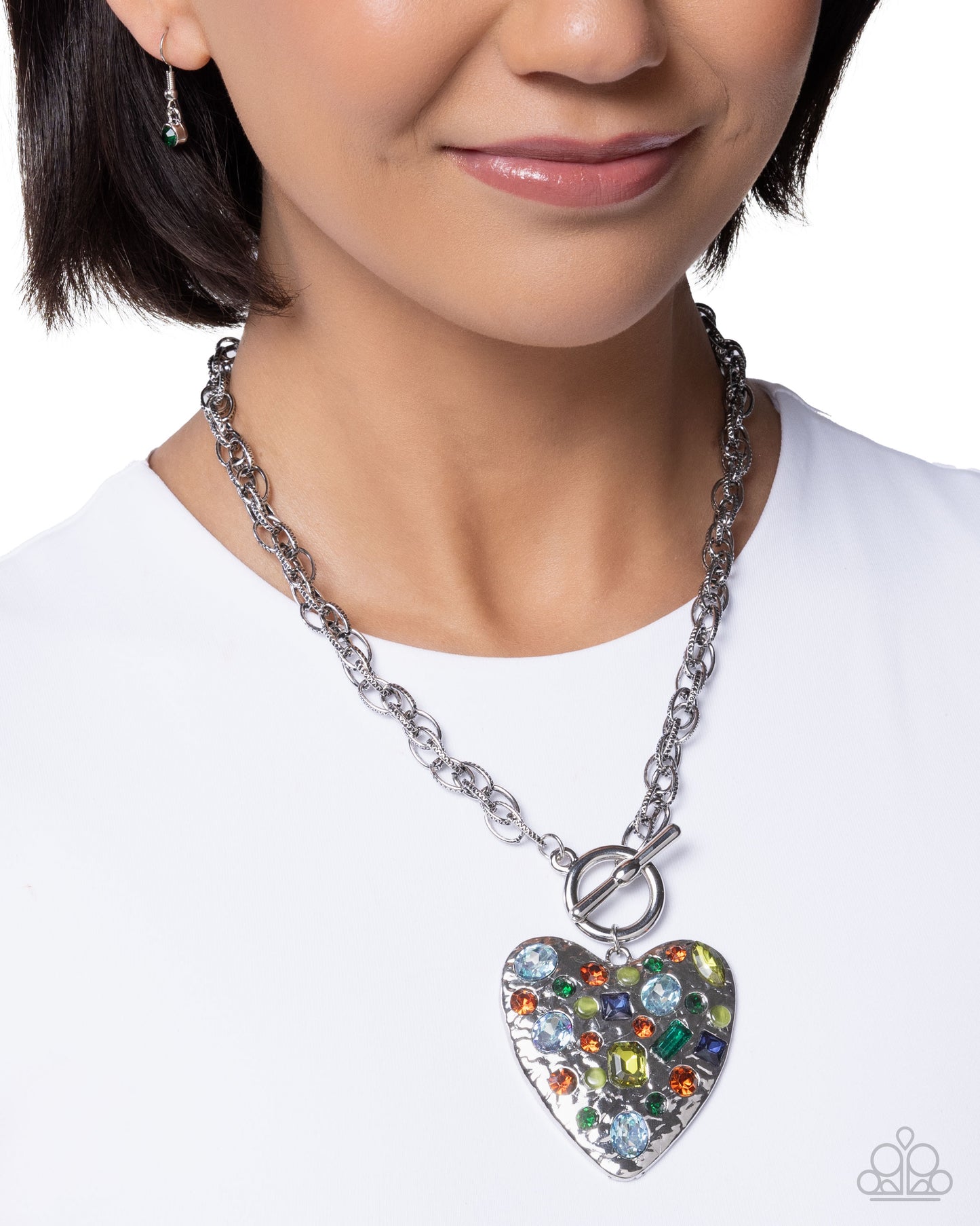 Paparazzi Circulated Chic - Green, Multicolored Gem Silver Oversized Heart Necklace